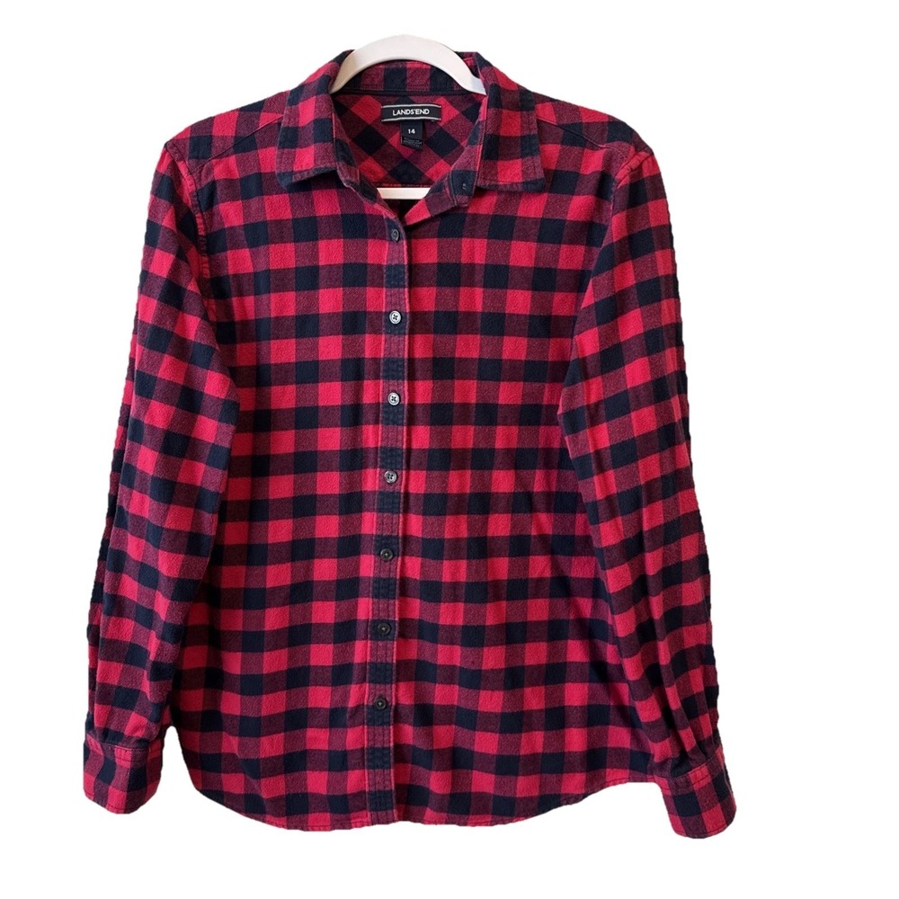 Lands' End Red Black Plaid Flannel Button Down Shirt Women's‎ 14 Classic Comfort